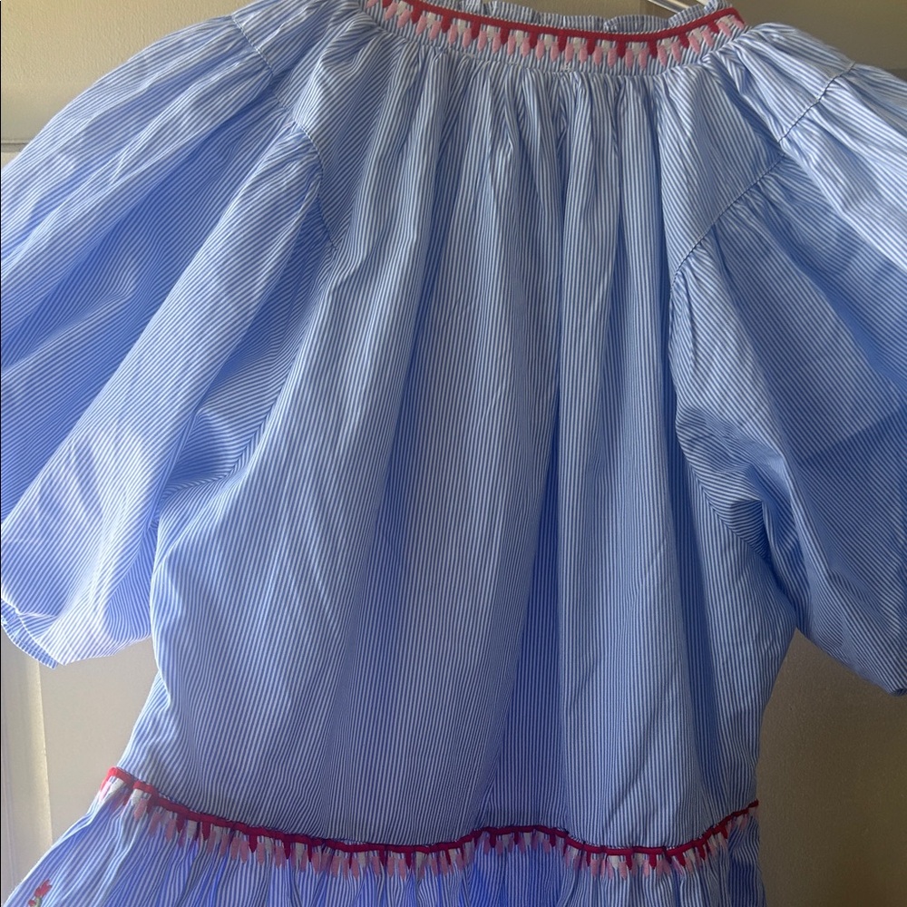 Light Blue Embroidered Tiered Casual Dress with Pink Trim - Picture 10 of 14